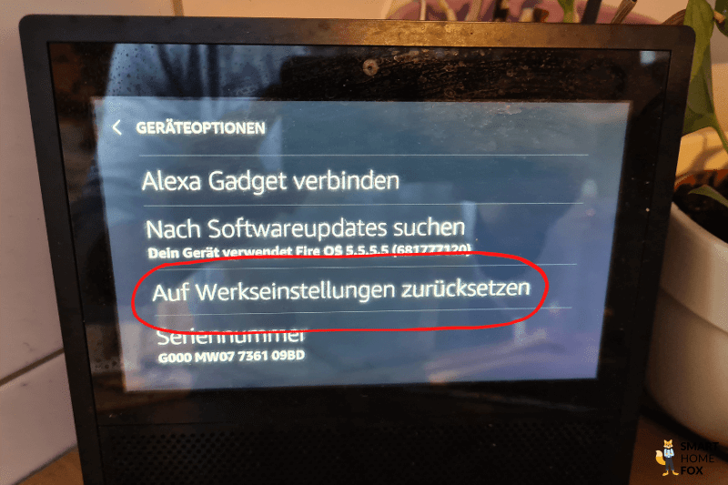 Der Menüpunkt auf Werkseinstellungen zurücksetzen wird bei einem Echo Show Gerät angeklickt